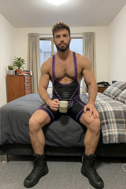 Joylgbt Men’s PU Leather & Mesh Spliced Tight Singlet Romper Shorts