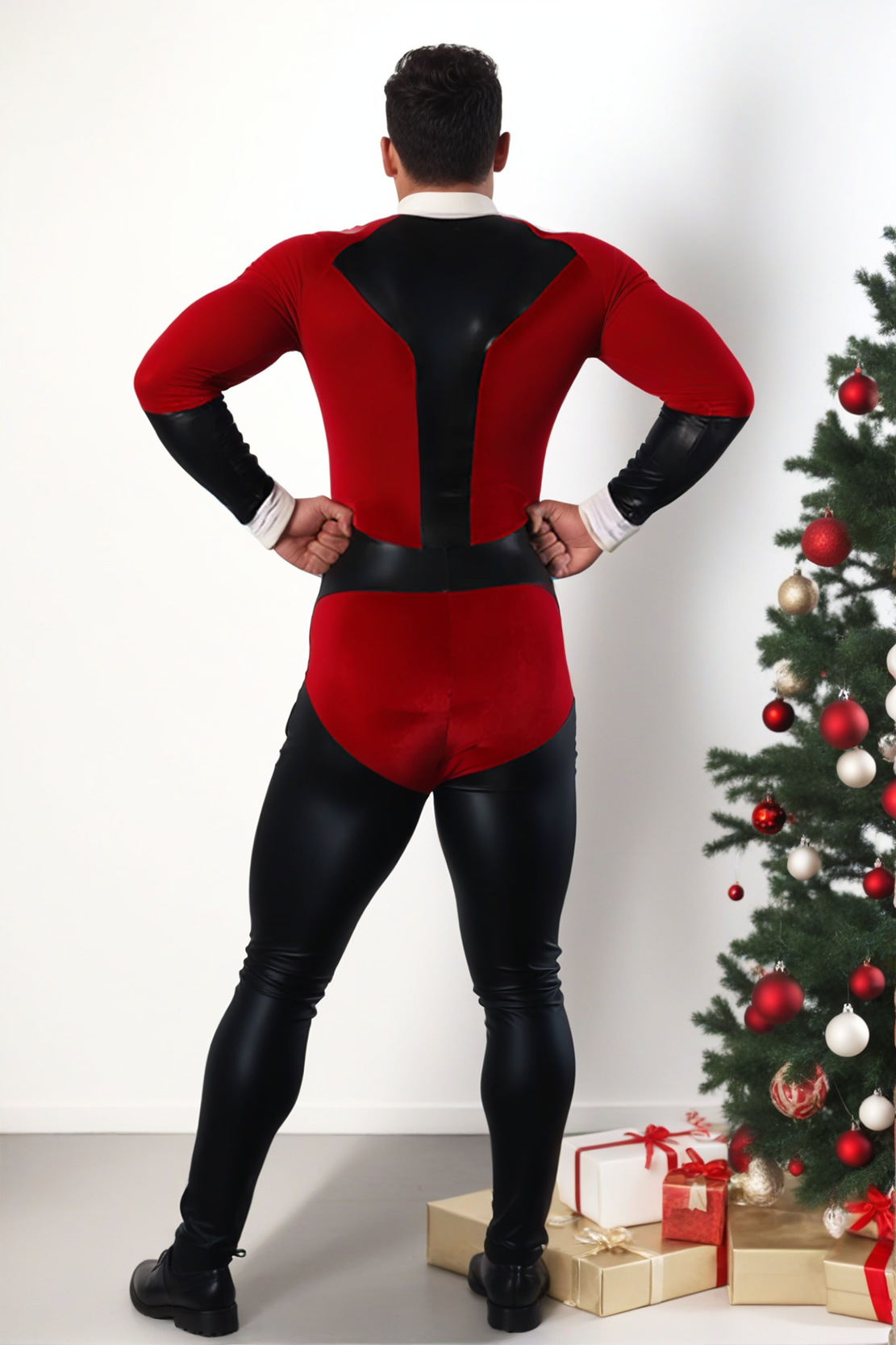 Joylgbt's Men's Santa-Inspired Full-Body Zipper Jumpsuit with Festive Red and Black Design