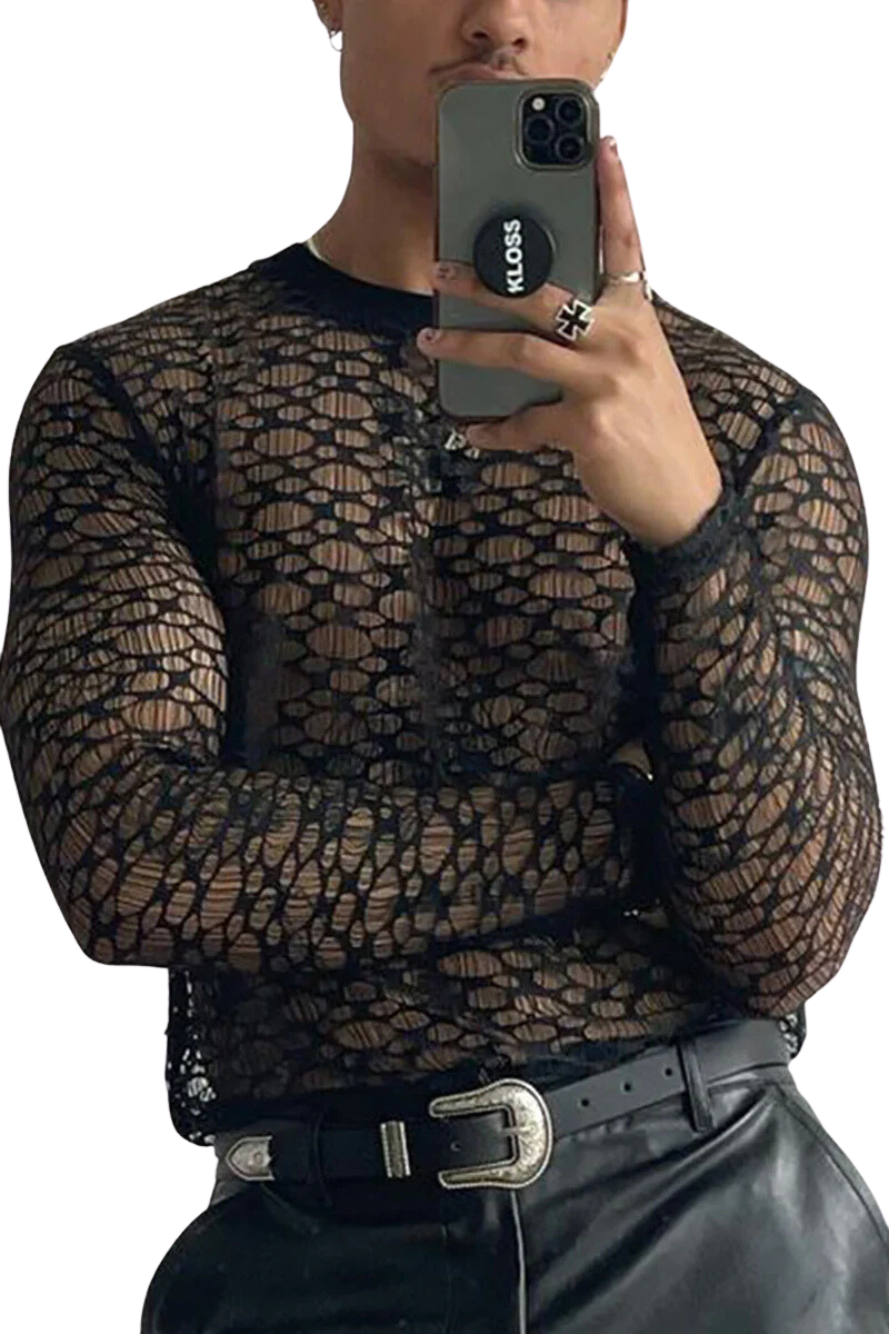 Men's Daily Black Mesh See-Through Shirt