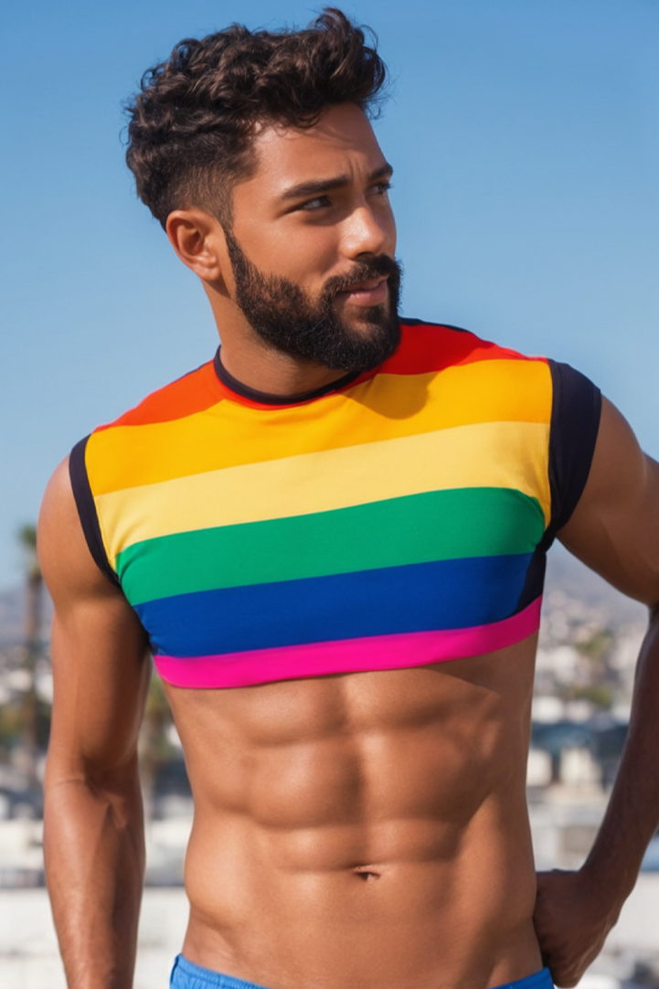 Stylish Rainbow Patchwork Long Sleeve Crop Top