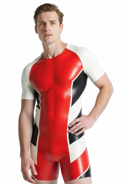 Joylgbt‘s Men’s Glossy PVC Leather Paneled Jumpsuit - Red & Black Urban Moto Style