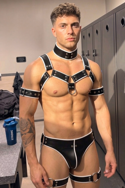 Joylgbt Men’s Black White Faux Leather Harness Accessory Set