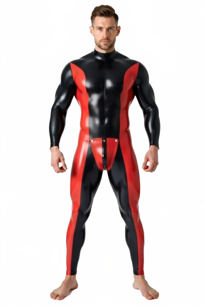 Joylgbt's Men’s Glossy Red & Black Zipper Catsuit with Snap-Front Panel – Fetish Full Bodysuit