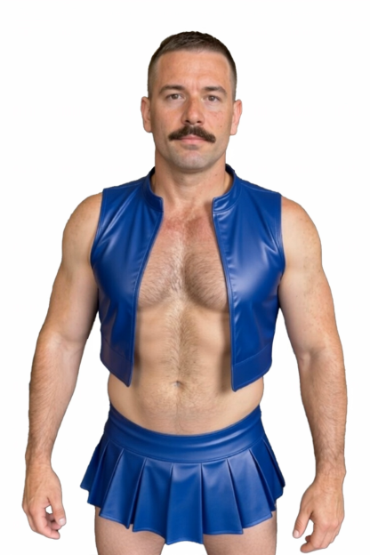 JOYLGBT Men’s Electric Blue PU Leather Hero Set – Cropped Vest & Pleated Mini Skirt