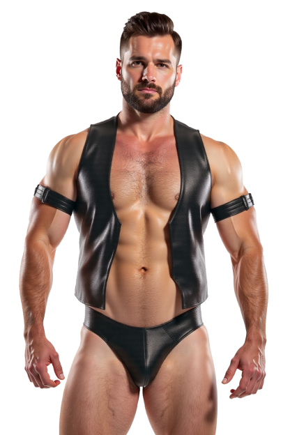 Joylgbt‘s Men’s Wet-Look Faux Leather 2-Pc Set - Cropped Waistcoat & Sexy Thong Briefs(No Armbands)