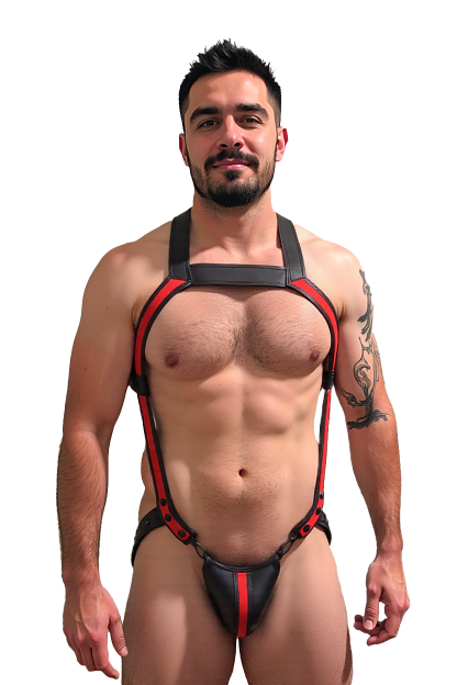 Joylgbt Crimson Strike Men's PU Leather Body Harness – Bold Red & Black Dual-Tone Gear Set