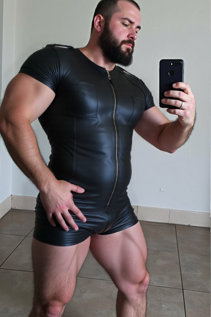 Mysteryglove Black Leather Muscle Bodysuit with Zipper Detail