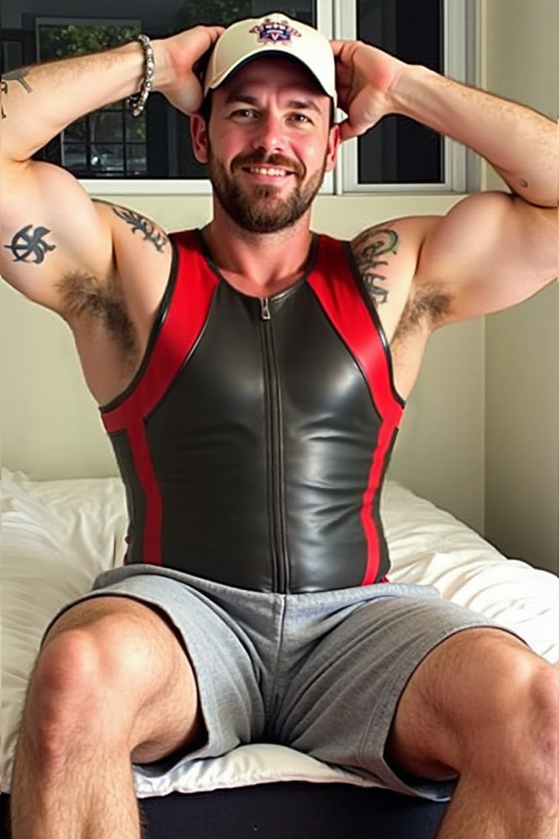 Mysteryglove Men's Black Faux Leather Tank Top with Red Accents and Zipper