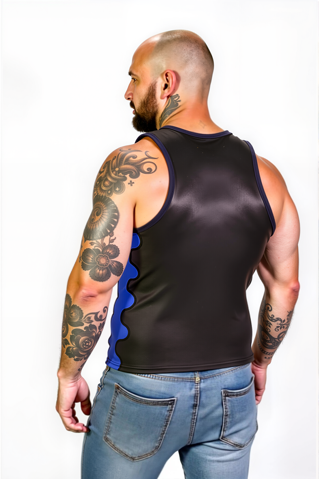 Mysteryglove Men's Black Faux Leather Tank Top with Blue Side Panels and Zipper