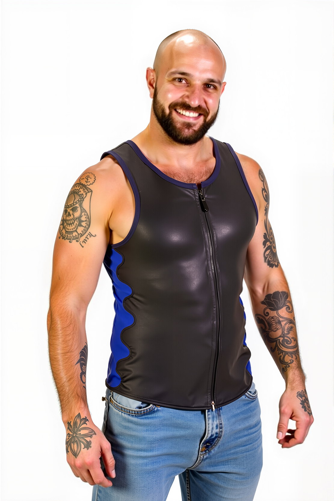 Mysteryglove Men's Black Faux Leather Tank Top with Blue Side Panels and Zipper