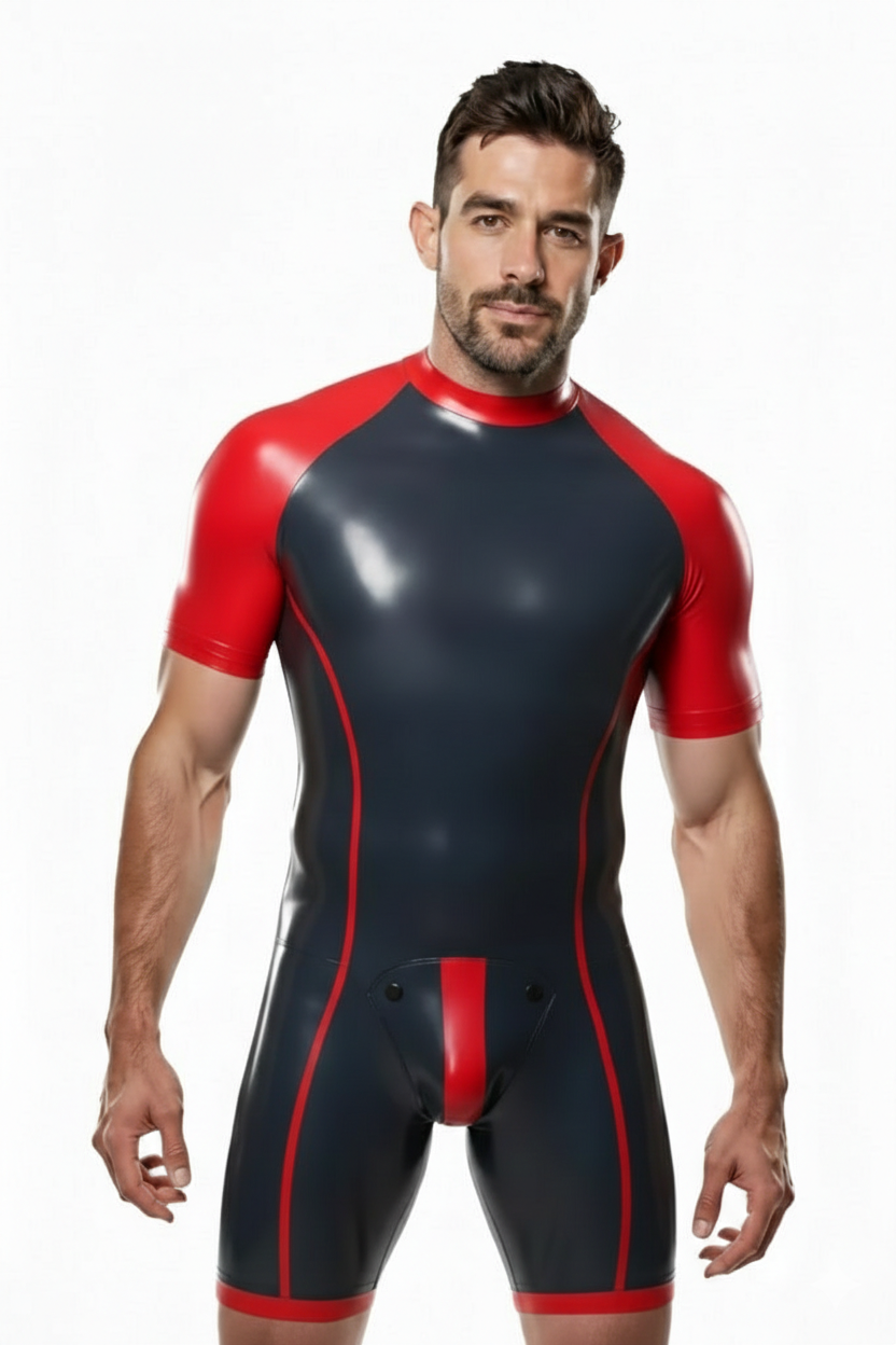 Joylgbt‘s Two-Tone High-Shine Men's Superhero Singlet - Red & Charcoal Bodysuit with Crotch Snap