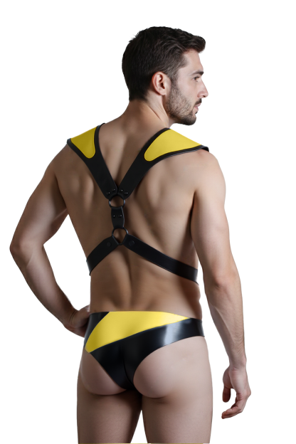 Joylgbt Men's Black & Yellow Patent-Look Harness & Briefs Set