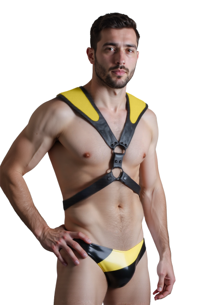 Joylgbt Men's Black & Yellow Patent-Look Harness & Briefs Set