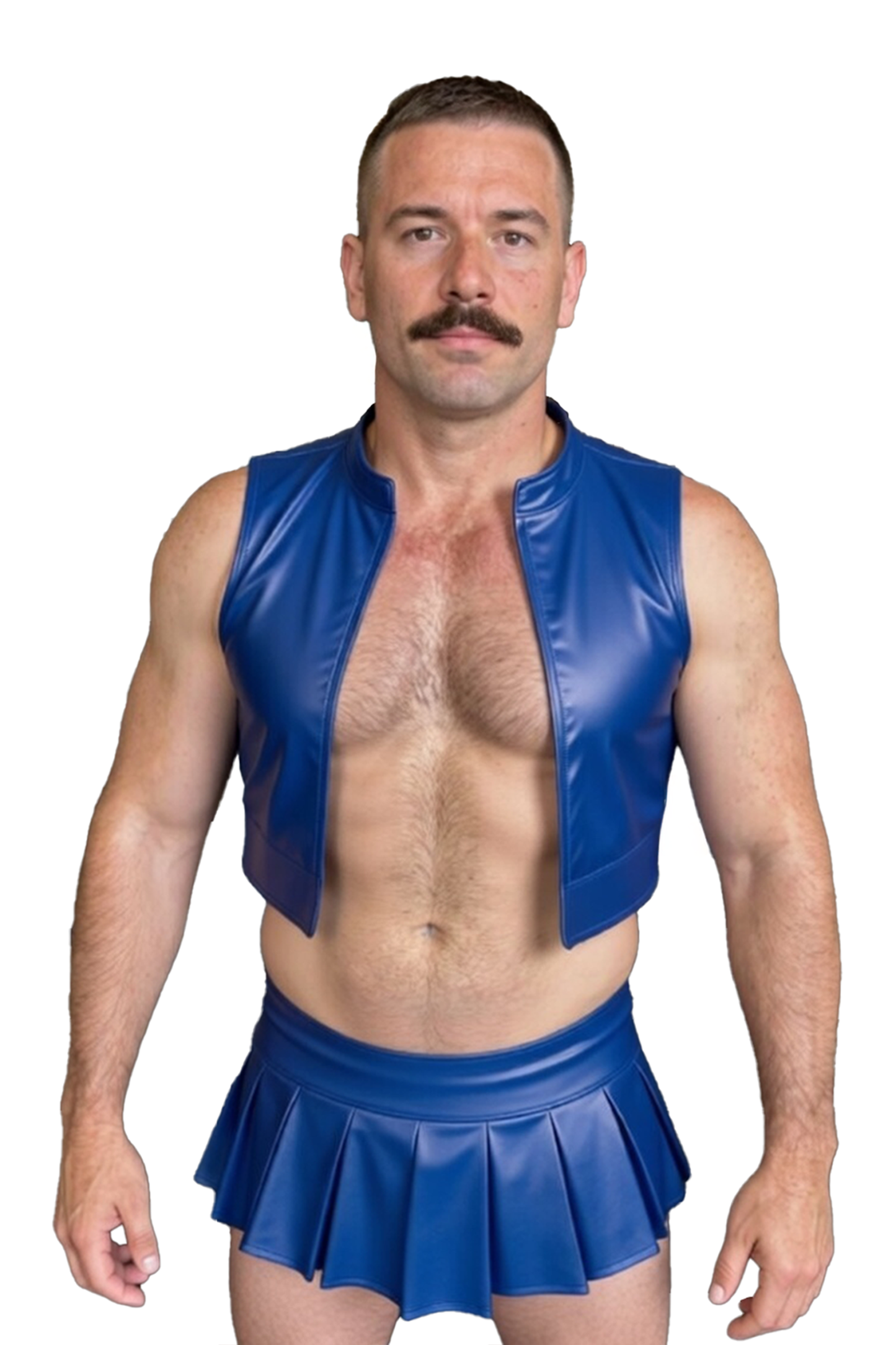 JOYLGBT Men’s Electric Blue PU Leather Hero Set – Cropped Vest & Pleated Mini Skirt