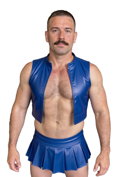 JOYLGBT Men’s Electric Blue PU Leather Hero Set – Cropped Vest & Pleated Mini Skirt