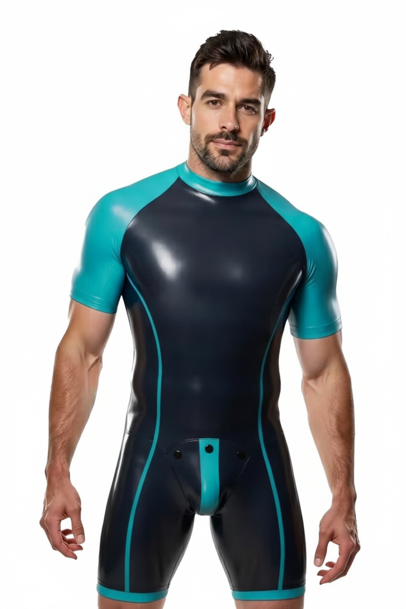 Joylgbt‘s Men’s Stealth Gloss PU Leather Bodysuit – Teal Accent