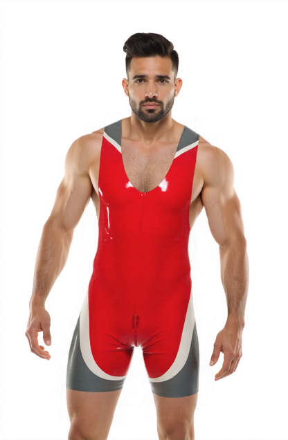Men's Red & Grey Faux Leather Wrestling Bodysuit – Deep V Front, Rear Zip, Sleeveless Design