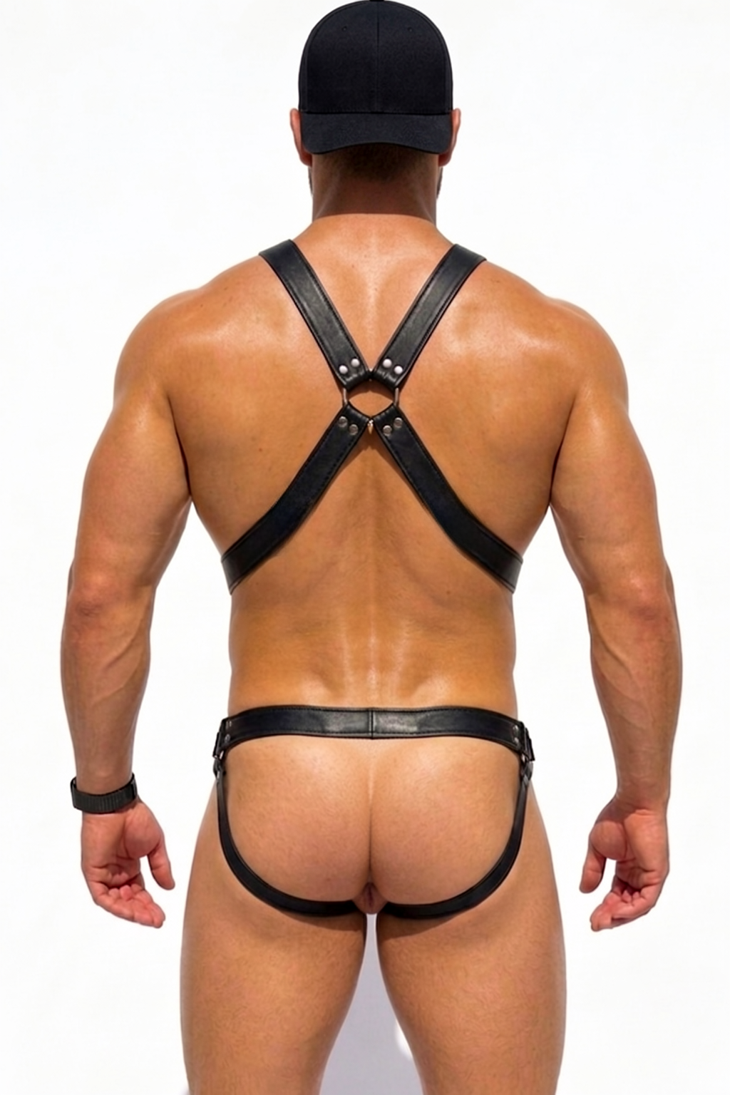 Men’s Black PU Leather Y-Front Harness & Brief Set 