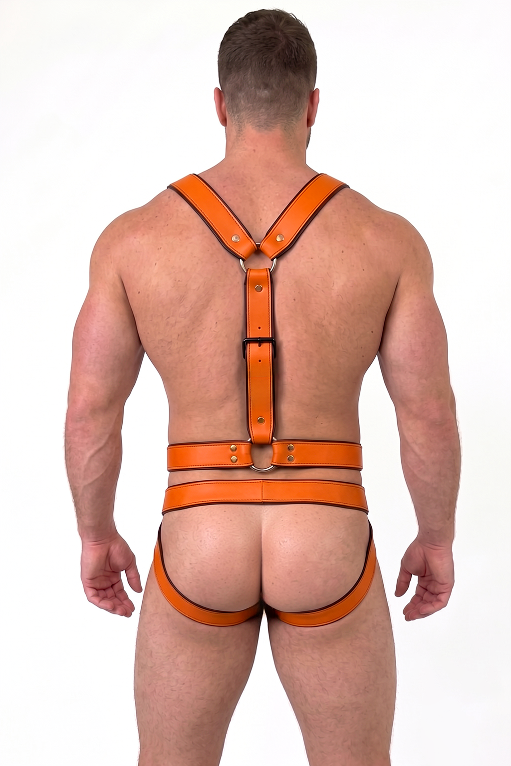 Men’s Orange PU Leather Harness & Brief Set Metal Ring Rivet Low-Rise Party Stagewear