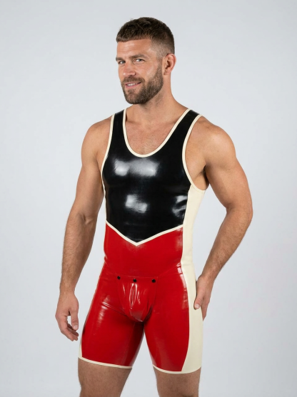 Red & Black LEATHER Wrestler Bodysuit – Open Back Cutout Fetish Singlet for Men