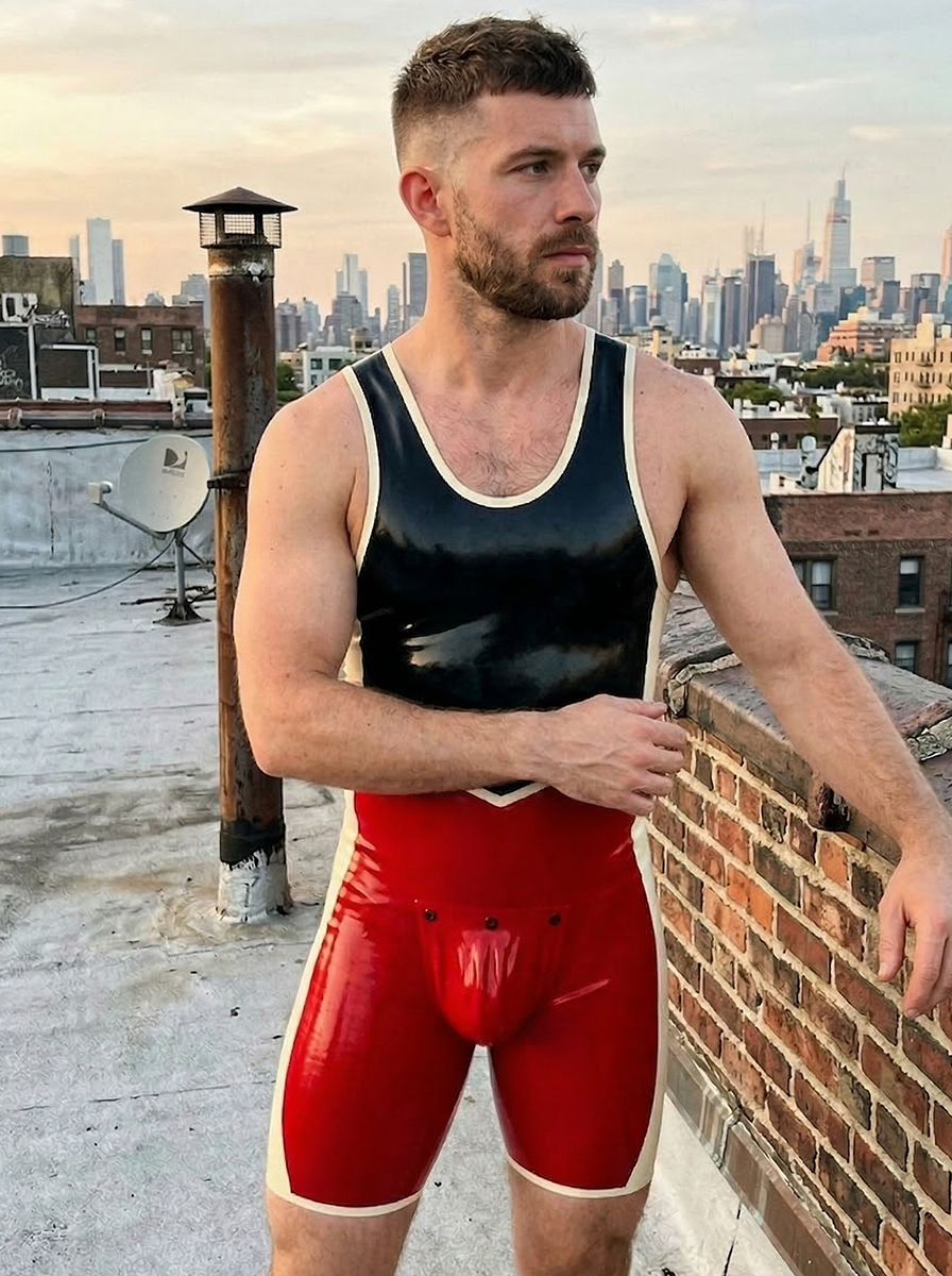 Red & Black LEATHER Wrestler Bodysuit – Open Back Cutout Fetish Singlet for Men