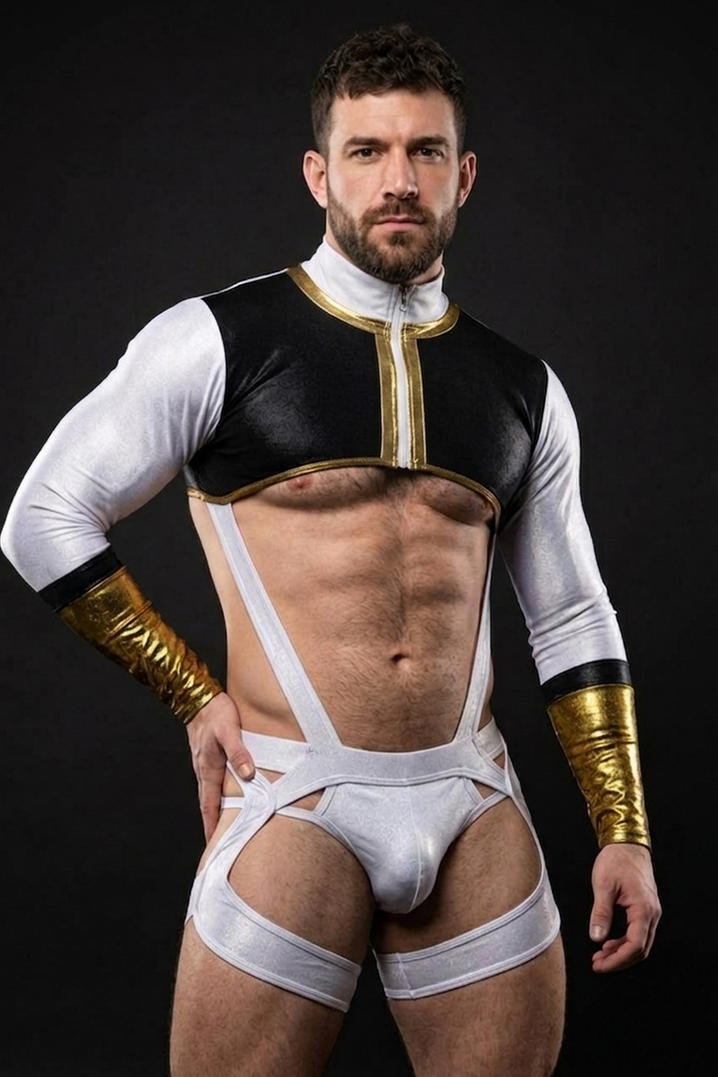 Joylgbt Black-Gold-White Cut-Out Thong Bodysuit – Sexy & Avant-Garde Stagewear