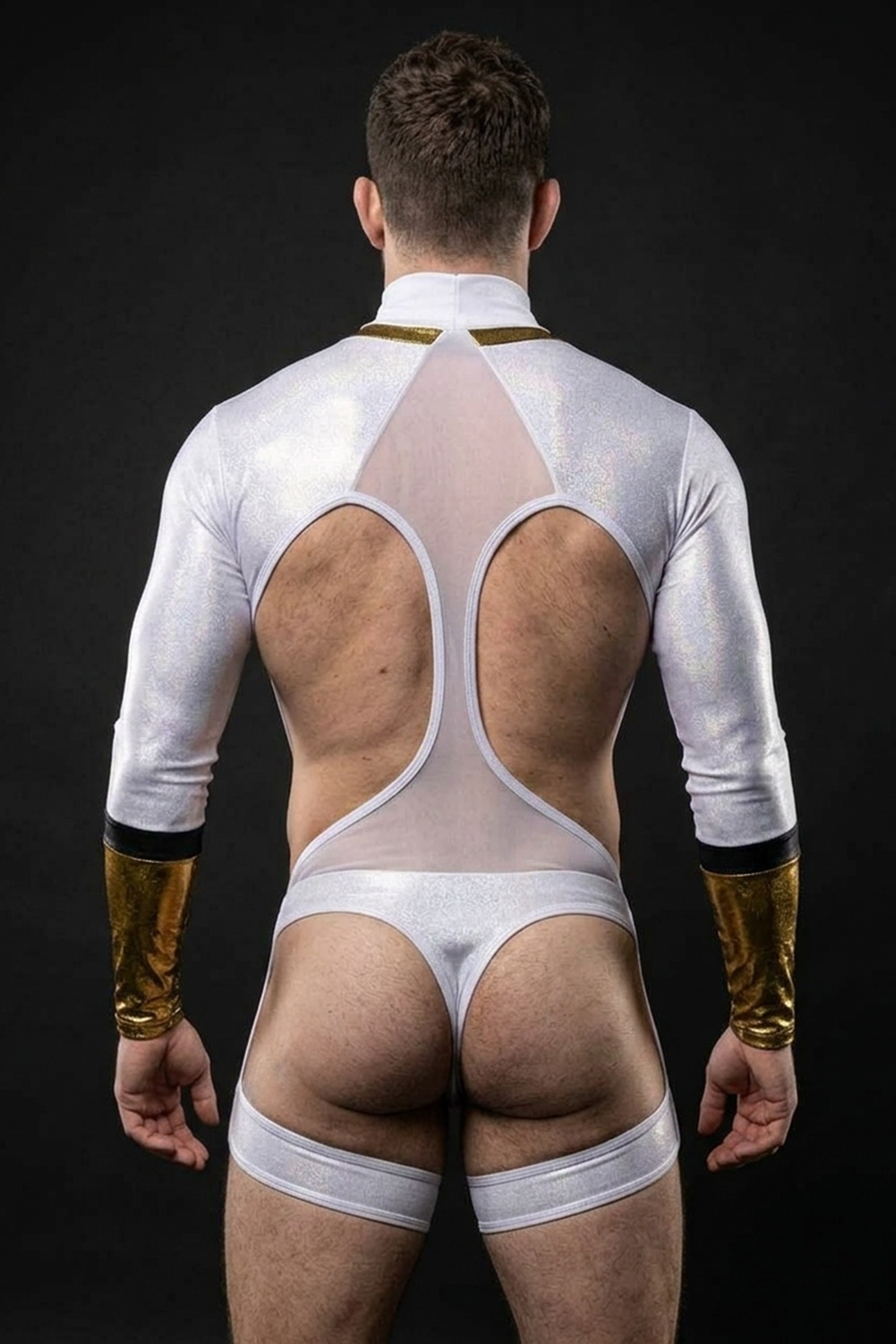 Joylgbt Black-Gold-White Cut-Out Thong Bodysuit – Sexy & Avant-Garde Stagewear