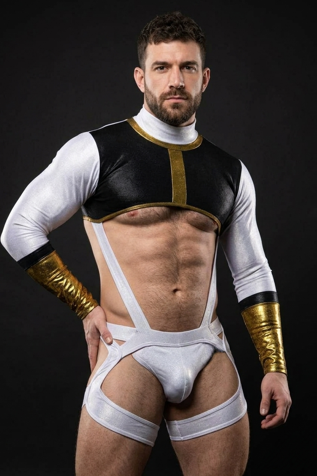 Joylgbt Black-Gold-White Cut-Out Thong Bodysuit – Sexy & Avant-Garde Stagewear