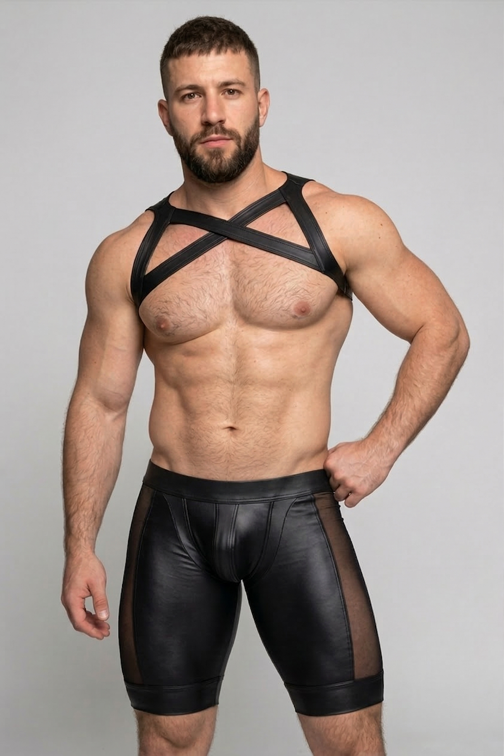 Joylgbt Men's Black Cross Harness + Side Mesh Patent Leather Slim Fit Shorts Set