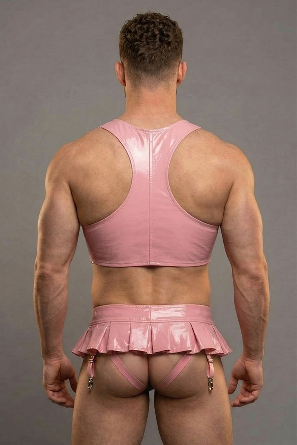 Joylgbt Men's Pink Patent Leather Cropped Zipper Top + Pleated Mini Skirt Set