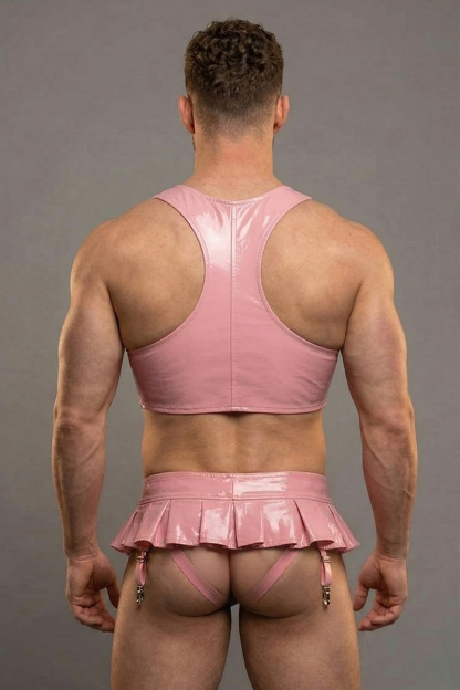 Joylgbt Men's Pink Patent Leather Cropped Zipper Top + Pleated Mini Skirt Set