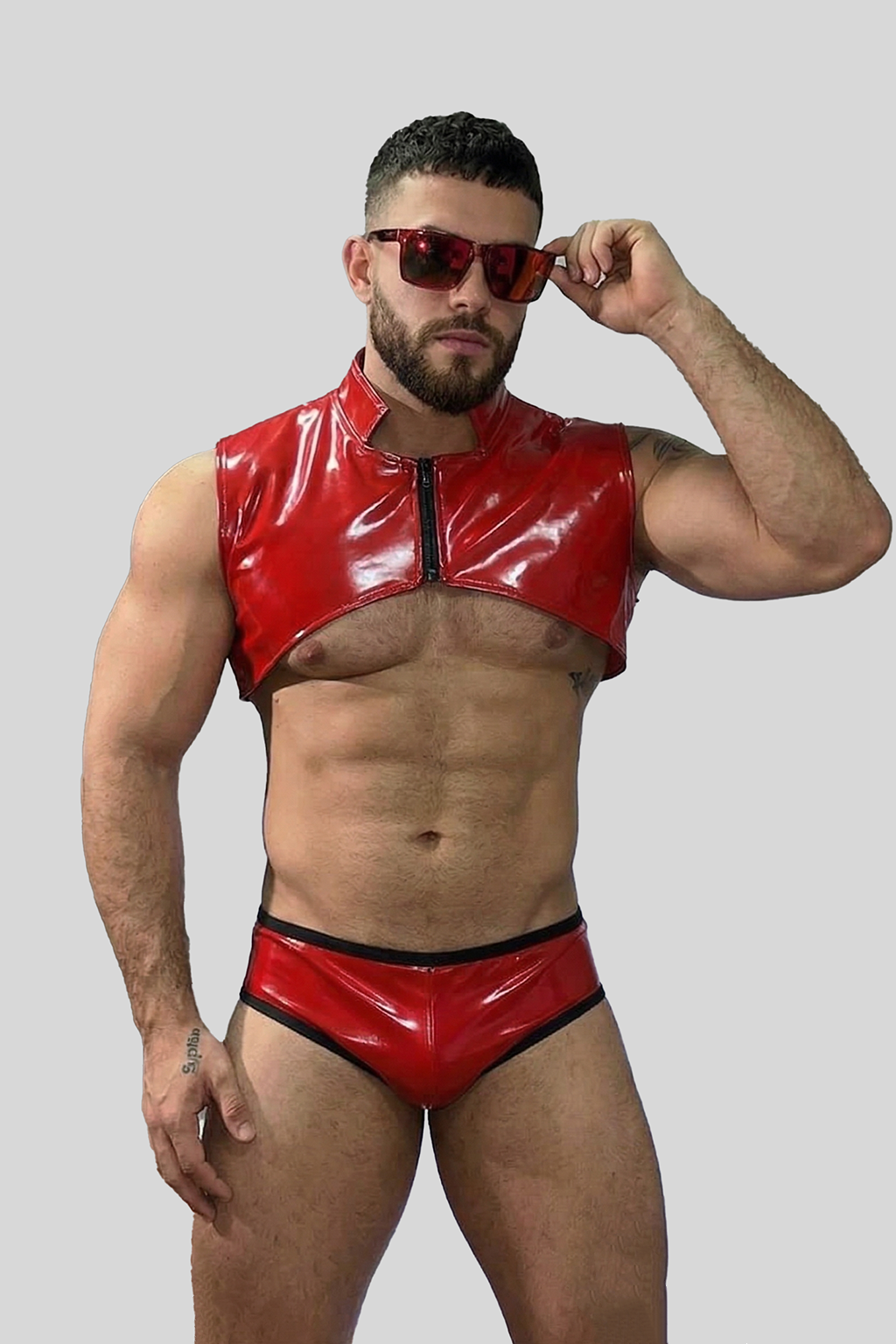 Joylgbt Men's Red Glossy Patent Leather Crop Top + Briefs Set