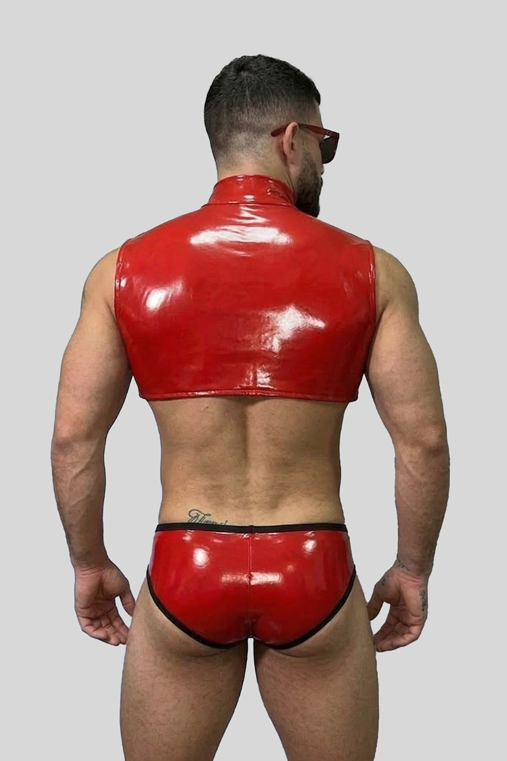 Joylgbt Men's Red Glossy Patent Leather Crop Top + Briefs Set