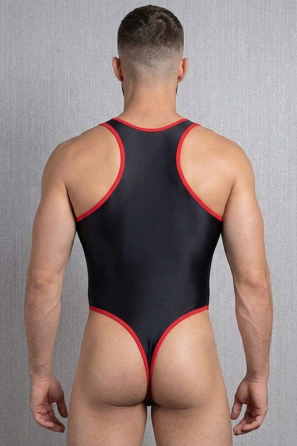 Joylgbt Men's Black & Red Color Block Mesh Panel High-Cut Bodysuit