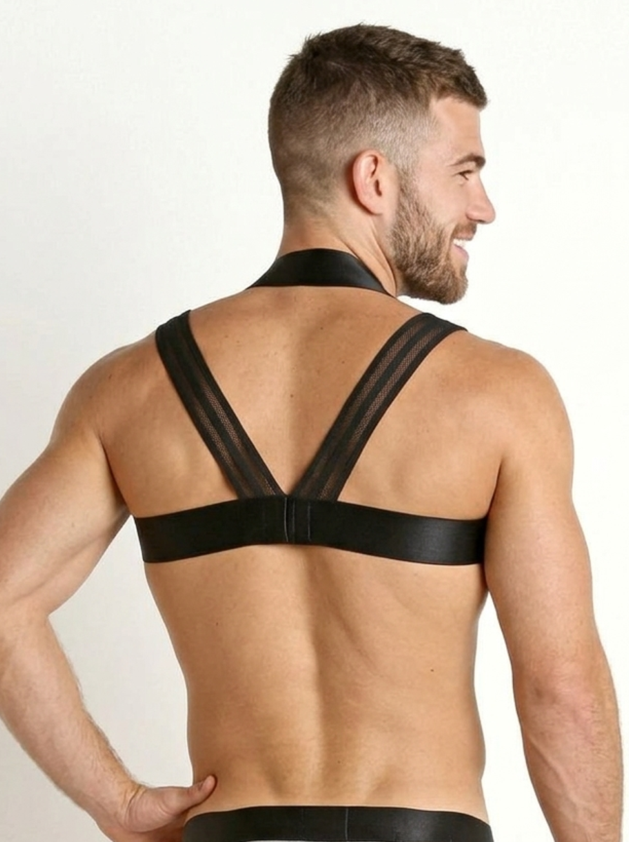Joylgbt Men's Silver & Black Harness Thong Bodysuit