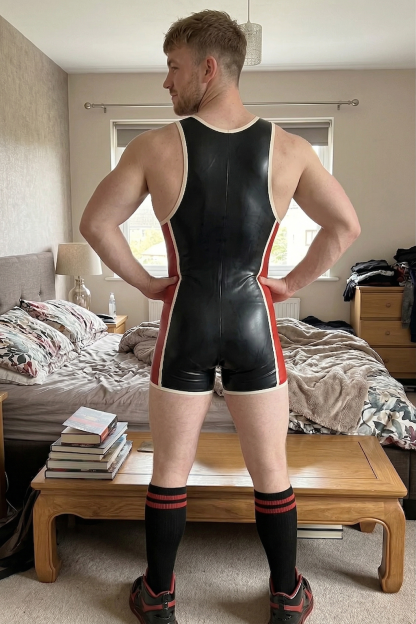 Joylgbt Men's Black & Red Wrestling-Style Glossy Patent Leather Bodysuit