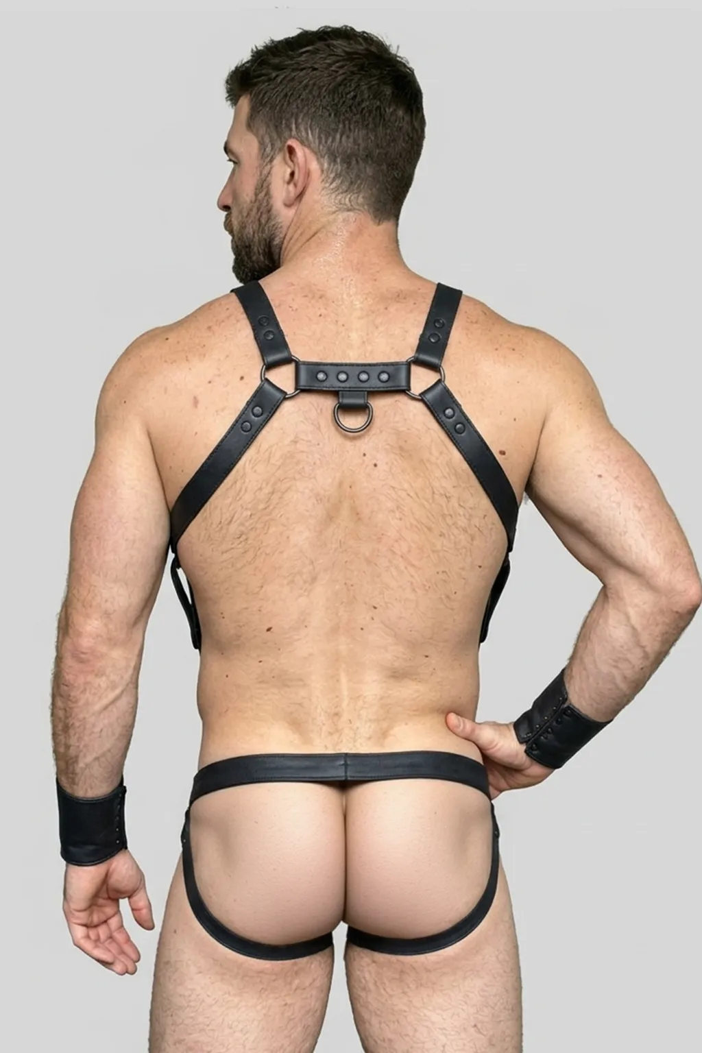 Men's PU Leather Harness Lingerie Set – Ring Detail Chest Harness with Backless Jockstrap