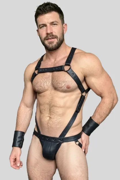 Men's PU Leather Harness Lingerie Set – Ring Detail Chest Harness with Backless Jockstrap