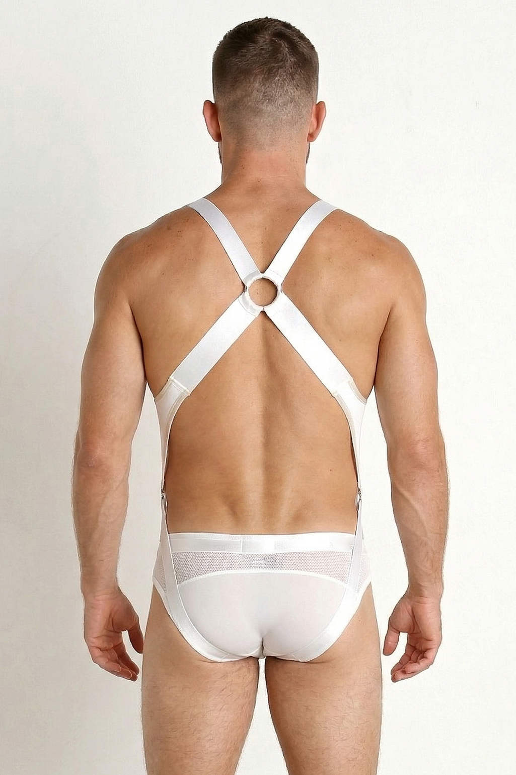 Joylgbt Men's White Mesh Cut-Out Harness Bodysuit
