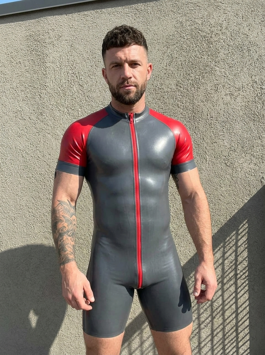 Joylgbt Men's Gray-Red Block Glossy Patent Leather Short-Sleeve Bodysuits 