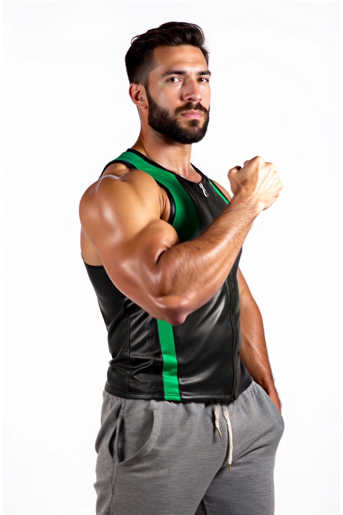 Men's Black Faux Leather Tank Top with Red Accents and Zipper