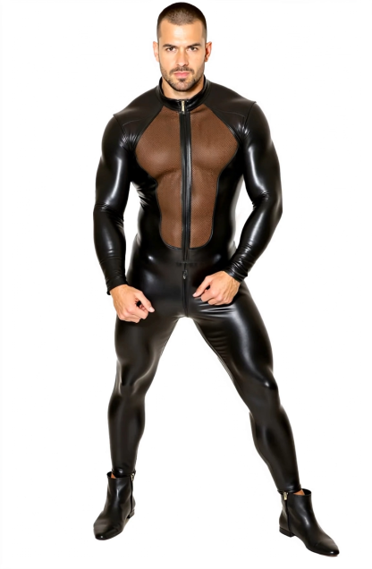 Men's Black Leather-Look Zip Bodysuit with Mesh Back Detail
