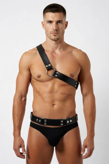 Joylgbt Men’s One-Shoulder Faux Leather Harness Brief Set
