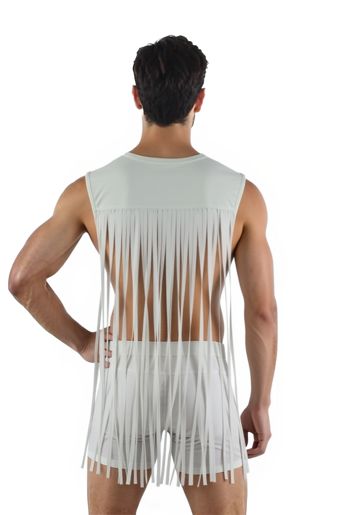 Joylgbt‘s Men's Black PU Leather Mesh Crop Top with Fringe