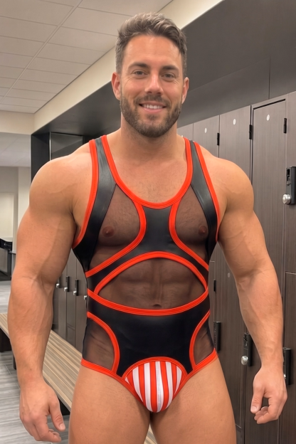 Men’s Black Red PU Faux Leather Mesh Panel Fitted Bodysuit Graphic Party Stagewear