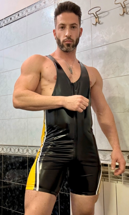 Joylgbt Men's Glossy Faux Leather Wrestling Bodysuit – Deep Cut Singlet with Yellow Side Stripes