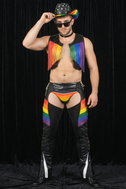 Joylgbt Men's Rainbow Fringe Biker Party Set