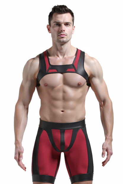 Joylgbt‘s Crimson Titan Neoprene Circuit Set | Tactical Crop-Harness & Compression Shorts Duo