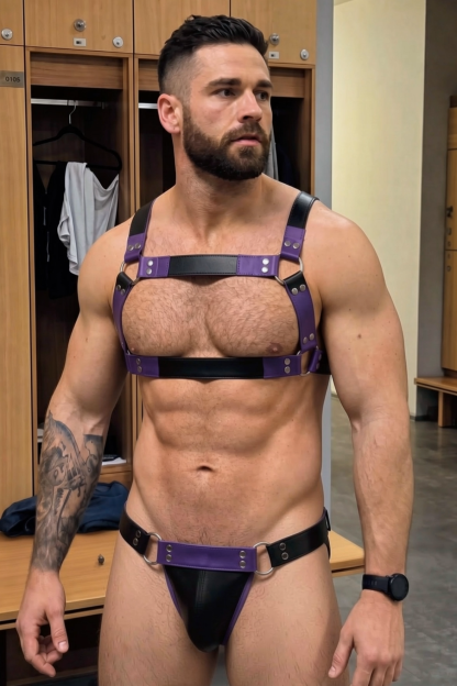 Men’s Black & Purple Geometric Faux Leather Harness Brief Set