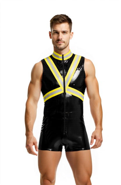 Joylgbt Men's High-Gloss Firefighter Costume Stand Collar Bodycon Shorts Jumpsuit